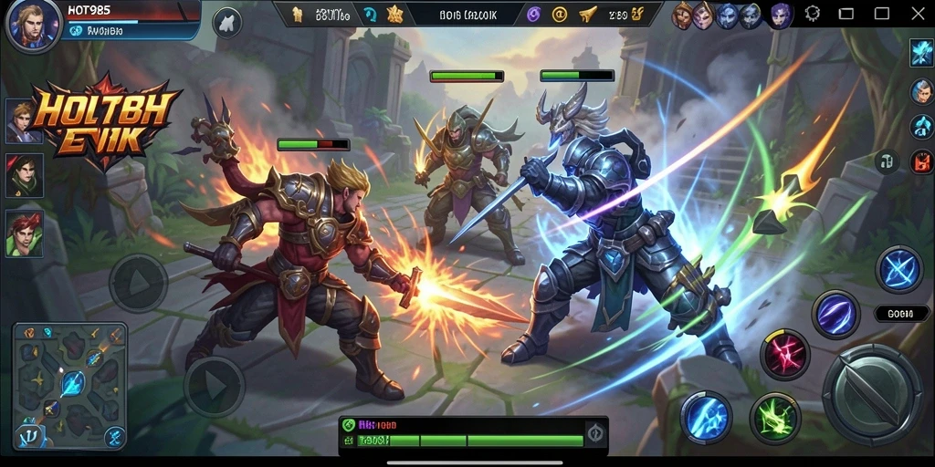 Tangkapan layar dari pertandingan seru HOT985 dengan aksi MOBA intens.