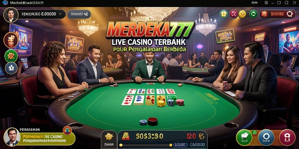 Tangkapan layar gameplay MERDEKA777 menampilkan dealer yang ramah dan suasana kasino yang hidup.