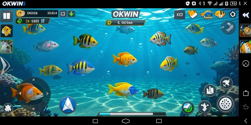 Screenshot utama OKWIN menampilkan aksi menembak ikan yang seru.