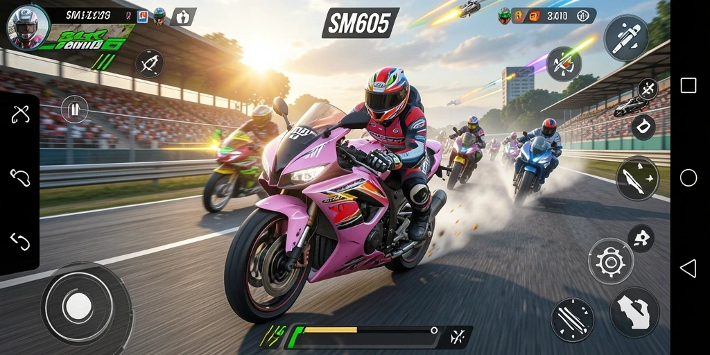Screenshot gameplay SM605 menampilkan aksi balap motor yang menegangkan.